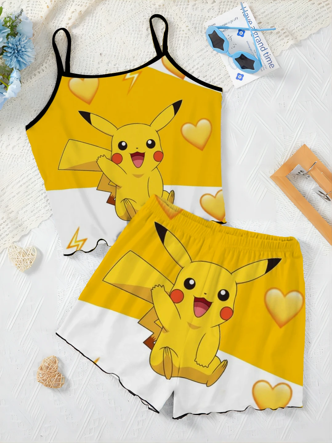 Short Sets for Women 2 Pieces Top Lettuce Trim Home Dress Pajama Skirt Women\'s Suit T-shirt Pikachu Pokémon Elegant Slip Dress