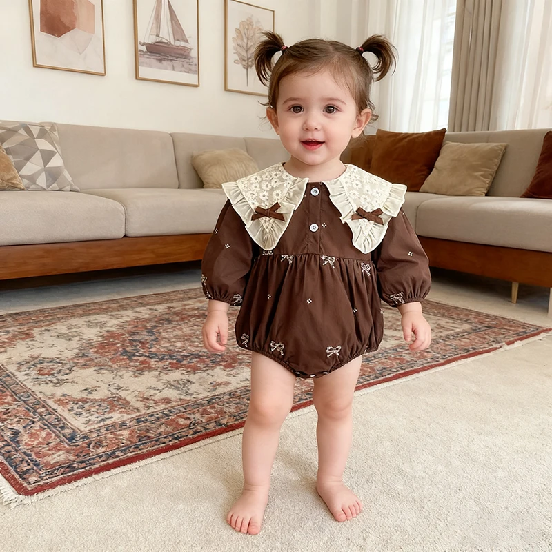 2026 ربيع جديد طفلة حفلة القوس الأطفال رومبير 0-24 متر بأكمام طويلة القطن التطريز الطفل رومبير طفل الأميرة الملابس #2