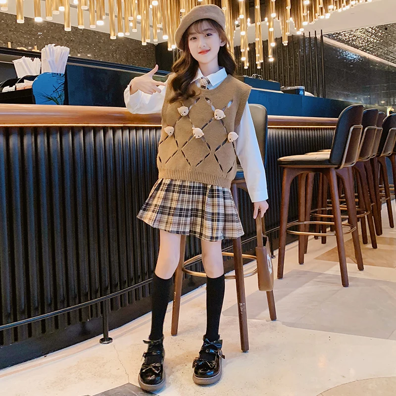 Spring and Autumn New Children\'s Set Girl\'s Fashion Suit Shirt Plaid Pleated Skirt Tie Set Princess Party Uniform Academy Style