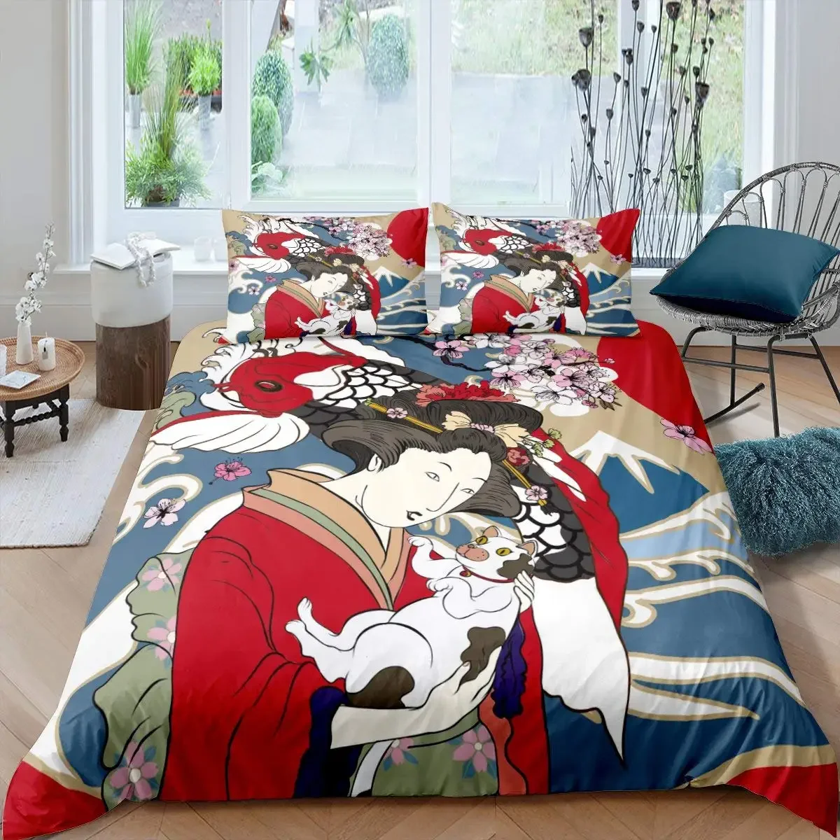 Japanese Style Duvet Cover Koi Fish Cherry Ukiyo-E Geisha Quilt Cover Sun Crane Polyester Japanese Culture Theme Bedroom Decor