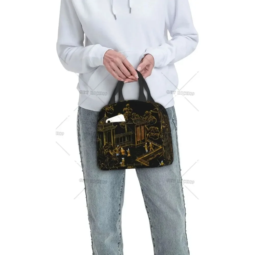 Lunch Bag Isolado para Mulheres e Homens, Tote Cooler, Tote Cooler, Preto e Dourado, Pagode de Seda Oriental, Reutilizável, Ao Ar Livre