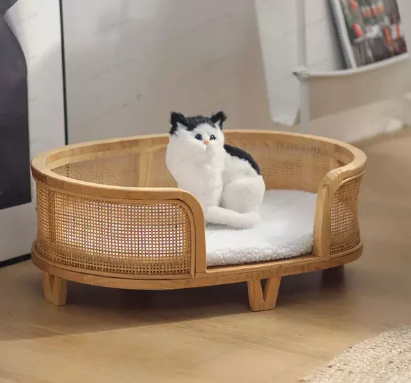 

Princess Style Cat Bed Elevated Dog House with Solid Wood Base Vintage Woven Pet Furniture Comfortable and Breathable for Cats