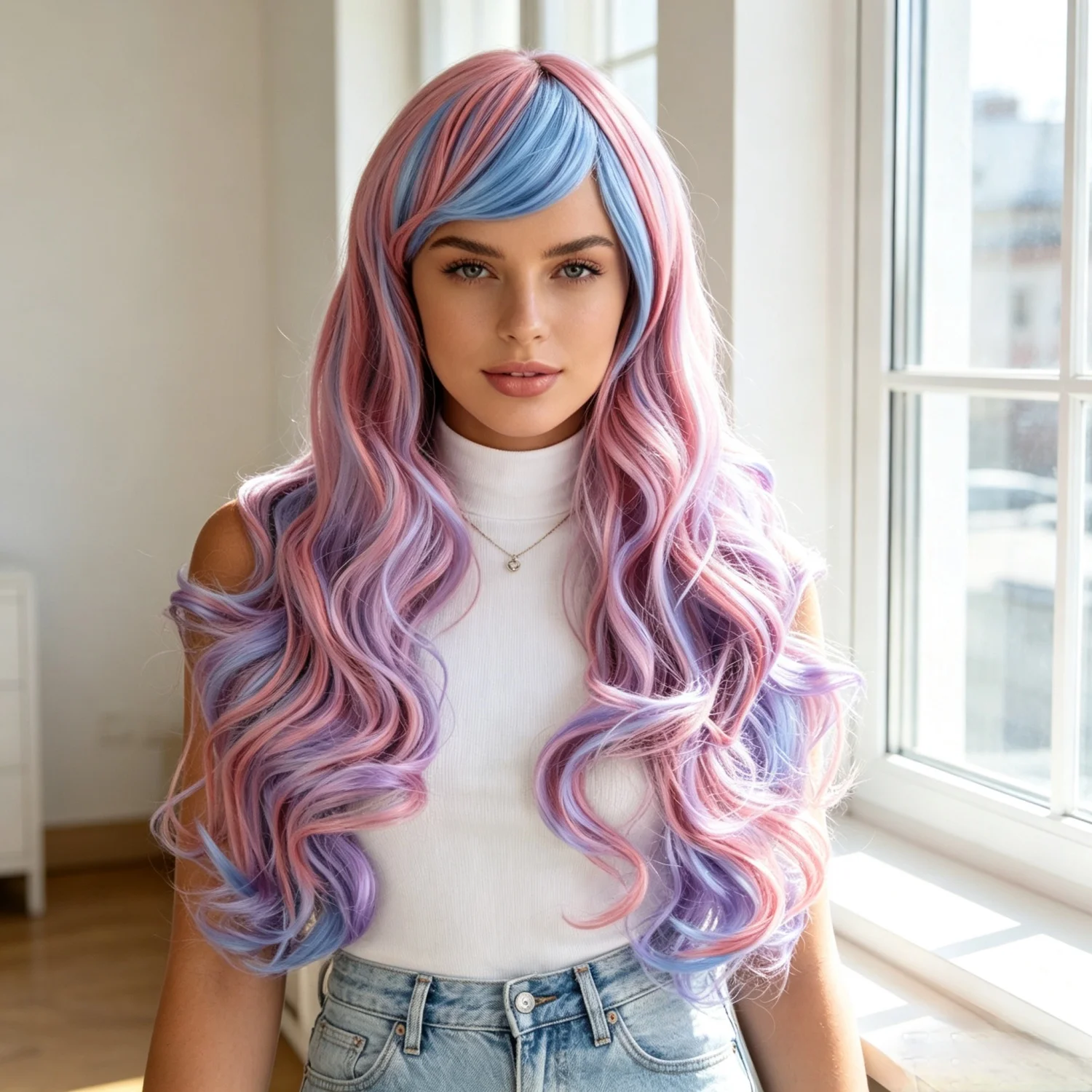

Long Ombre Colorful Synthetic Cosplay Lolita Harajuku Wig With Bangs Natural Wavy Wigs Pink Purple Blue Daily / Halloween Wigs
