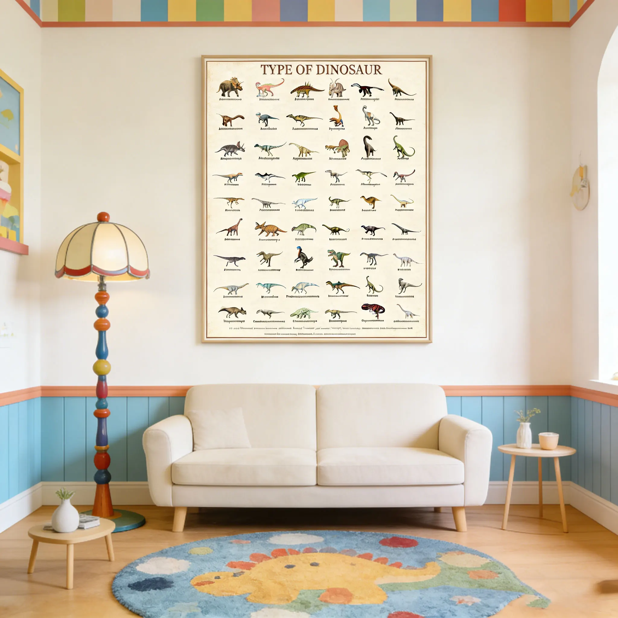 Prehistoric Dinosaur Compendium Wall Art - Vintage-Style Illustrated Chart of Diverse Dinosaur Genera, Evoking the Wonder of the