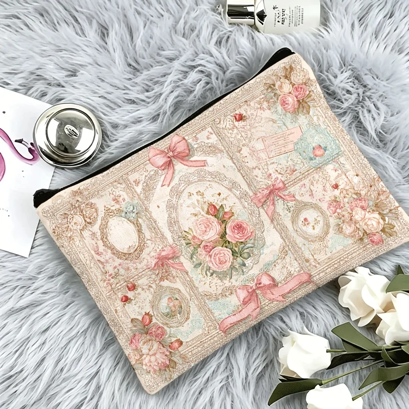 Vintage Romantic Pink Rose and Lace Bow Design Easy to Clean and Durable Thick Material Lightweight Portable Wedding Storage Bag