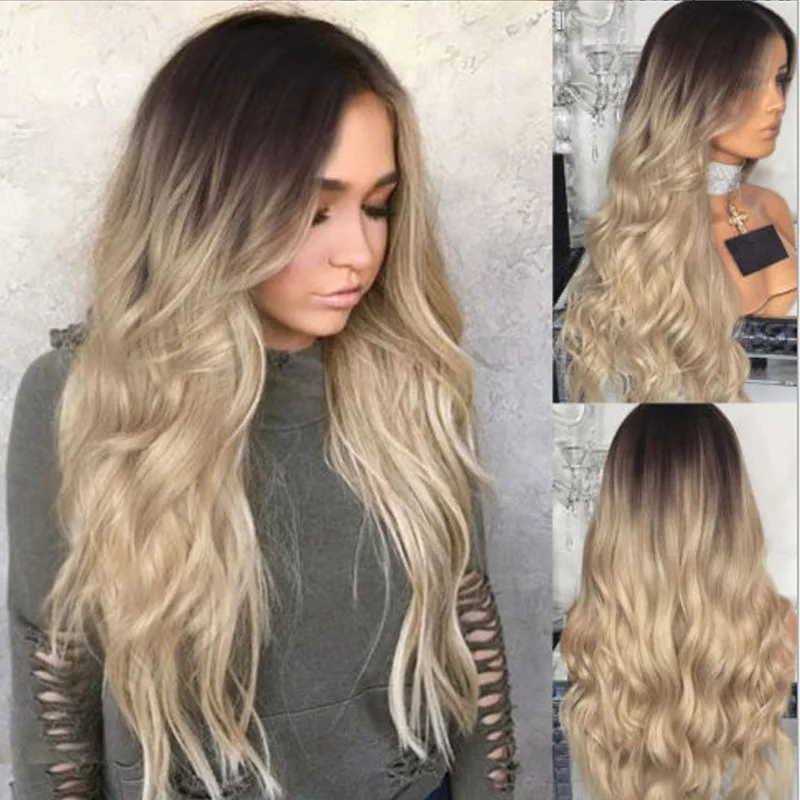 

Wig Long Wavy Hair With A Middle Parting Gradient Golden Highlights Female Cosplay Headgear Realistic And Natural Style