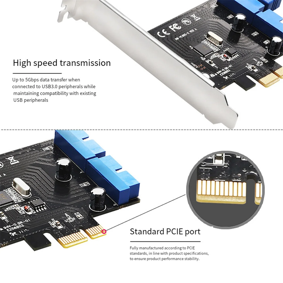 A80IPCI Express USB 3.0 19 Pin Expansion Card PCIE 1X to 2 Ports USB 3 19 Pin Adapter Internal USB3 20Pin Hub Header