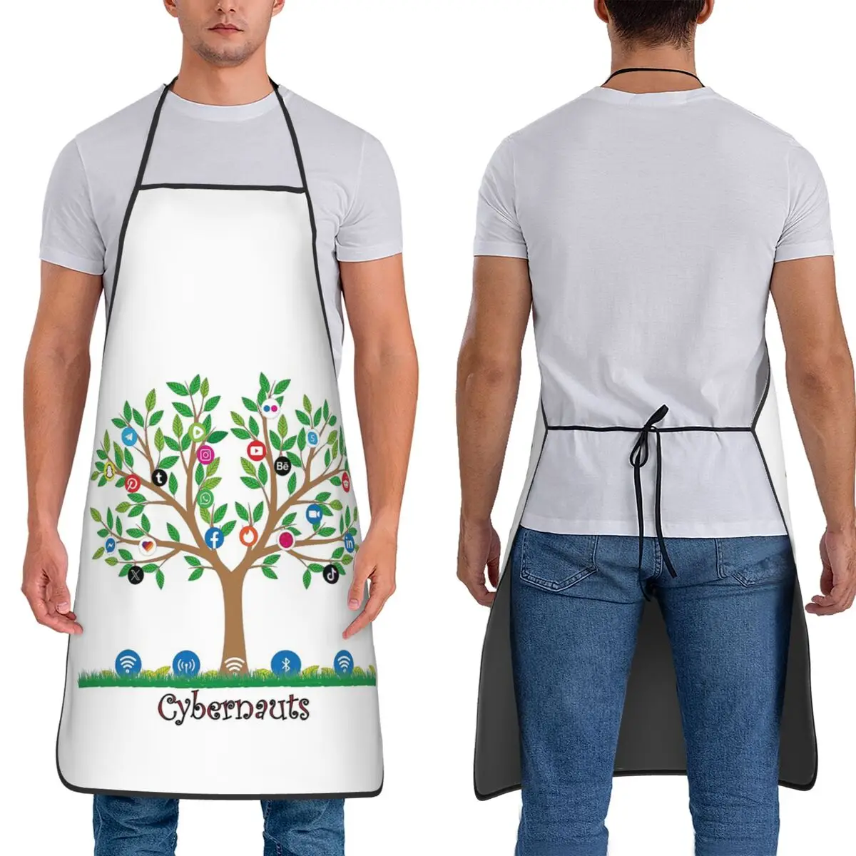 Social Media Symbols, Network Connections, Cybernauts, Tree Apron Chef Cooking Tablier Sleeveless Bib Kitchen Cleaning Pinafore