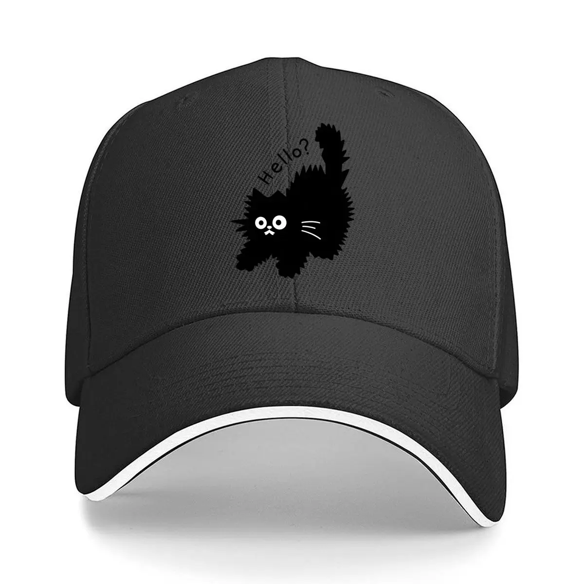Hello Funny Scared Black Cat Illustration Sandwich Baseball Cap Women Unisex Male