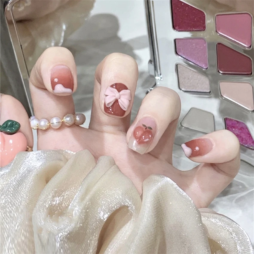 24Pcs/Set Pearl Drilling Square Wearing False Nails Repeated Use Press on Nail Tips Gradient Color Halo Explosion Fake Nails Art