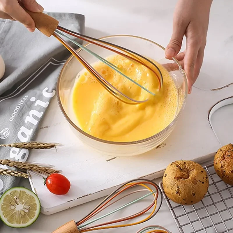 Kitchen Stainless Steel Whisk Creamer Semi-automatic Rotary Whisk Beech Wood Vase Handle Hand Mixer