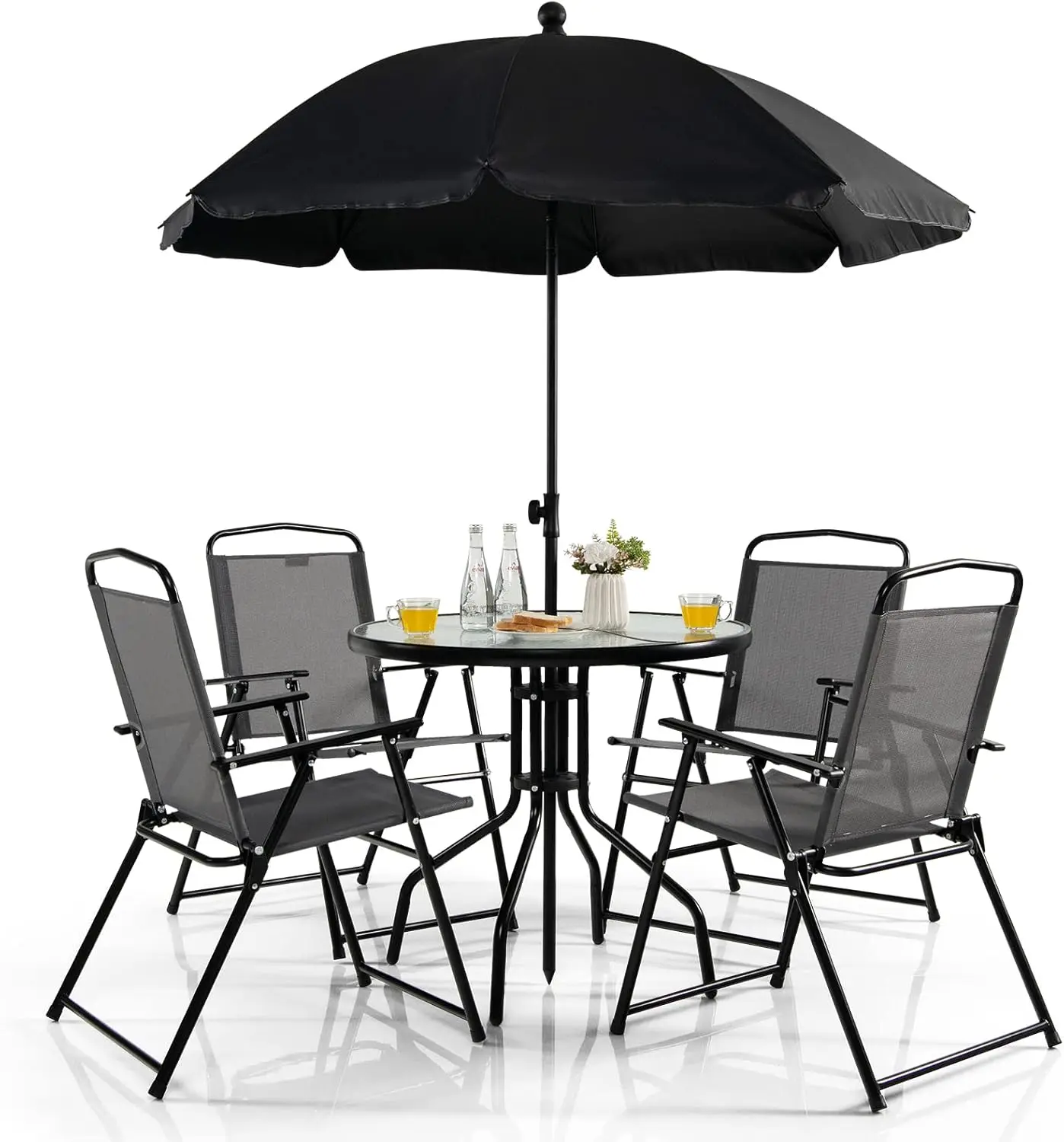 

6 Piece Folding Patio Dining Set, Outdoor Table Chair Set For 4, 31.5” Round Table & 4 Folding Chairs, Patio Tiltable Umbrella