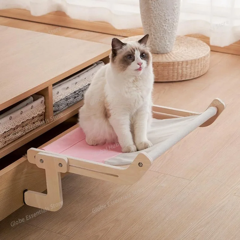 Cat Window Perch Wooden Assembly Hanging Bed Pet Mat Cozy Sunny Seat Window Mounted Cats Hammock Aerial Pet Shelf Nest Beds