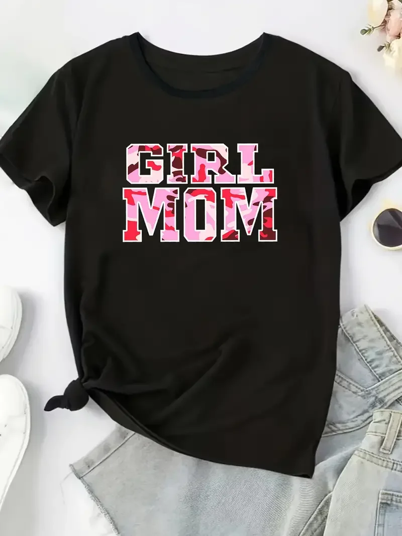 Girl Mom camouflage letter printed T-shirt Fun Cute Love Mom Retro Women's T-shirt Fashion Casual Summer Top 2024 New Harajuku