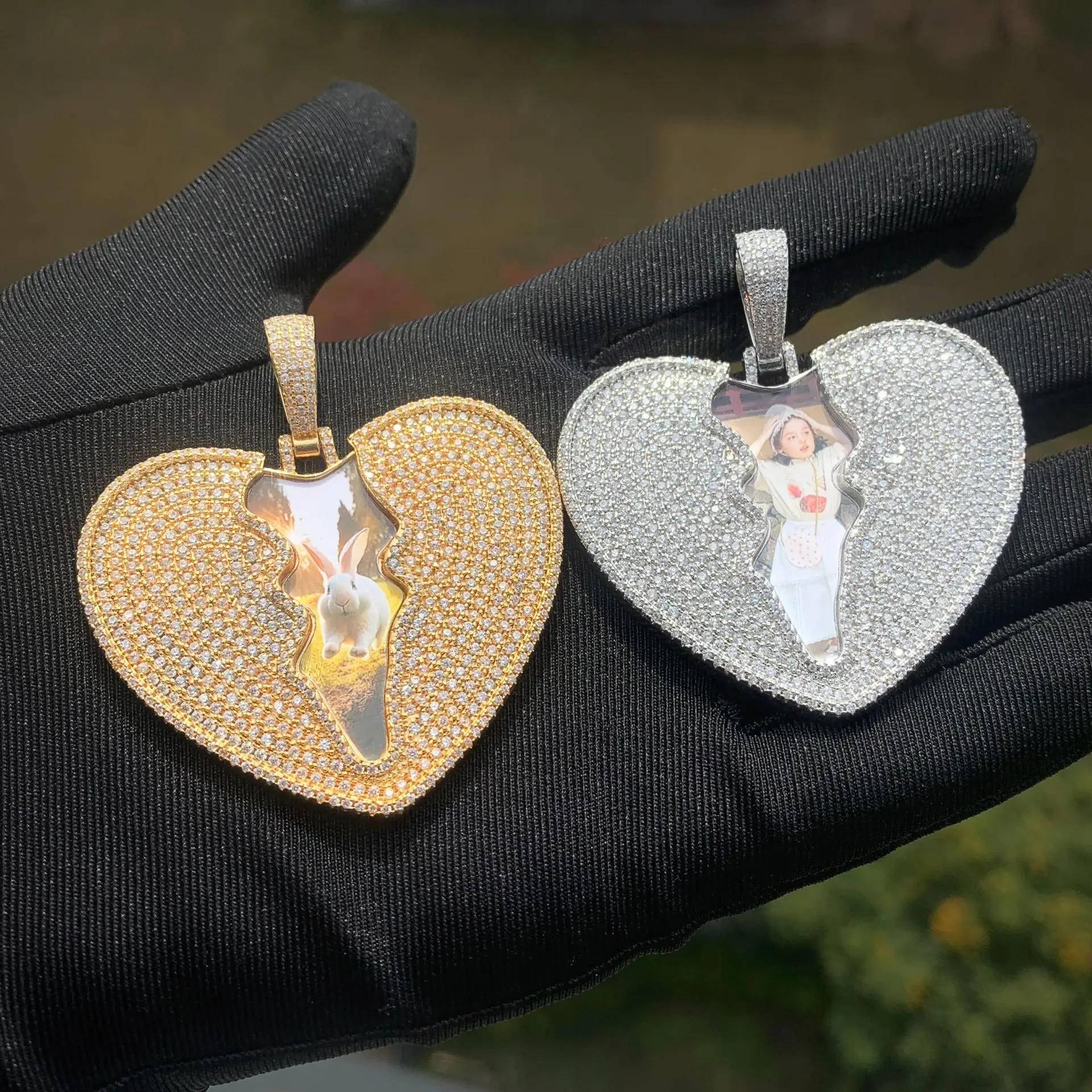 Custom Photo Frame Memory Medallions Broken Heart Pendant Necklace for Men 5A+ CZ Stone Bling Iced Out Hip Hop Rapper Jewelry
