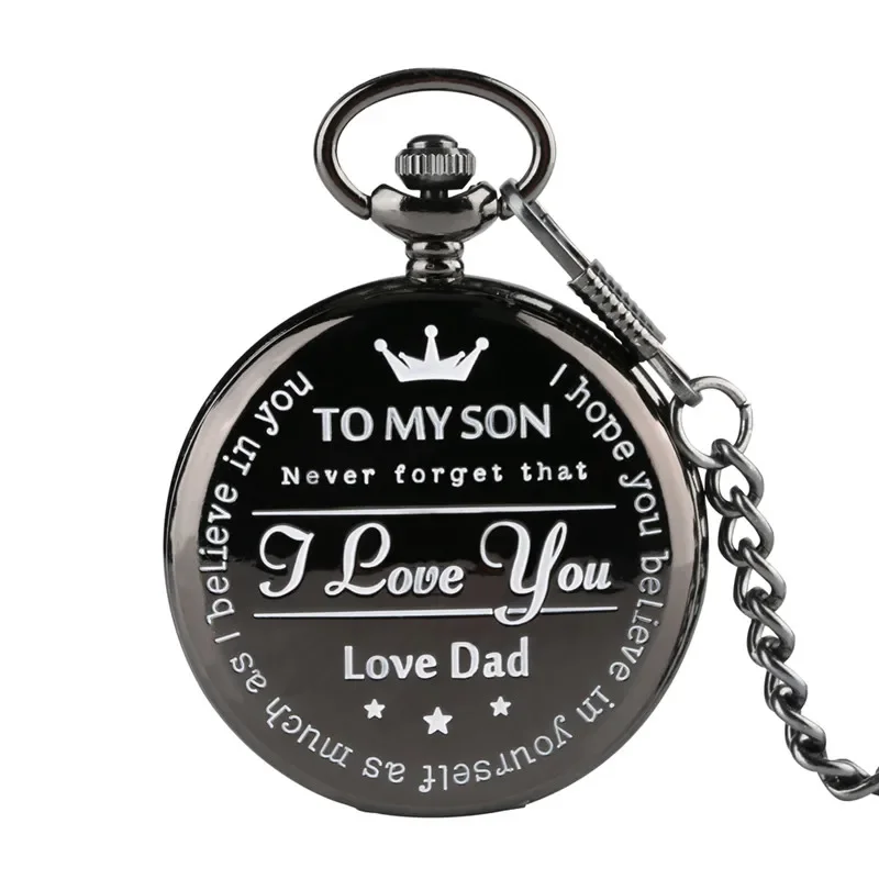 

To My Son L Love You from Dad Mom Creative Black Quartz Analog Pocket Watch for Boy Kid Pendant Chain Clock Reloj De Bolsillo