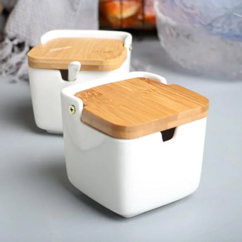 

Bamboo Ceramic Flip Seasoning Jar with Spoon Spice Salt Pepper Cinnamon Powder Box Bottle Pot Kitchen Flavour Container Tools