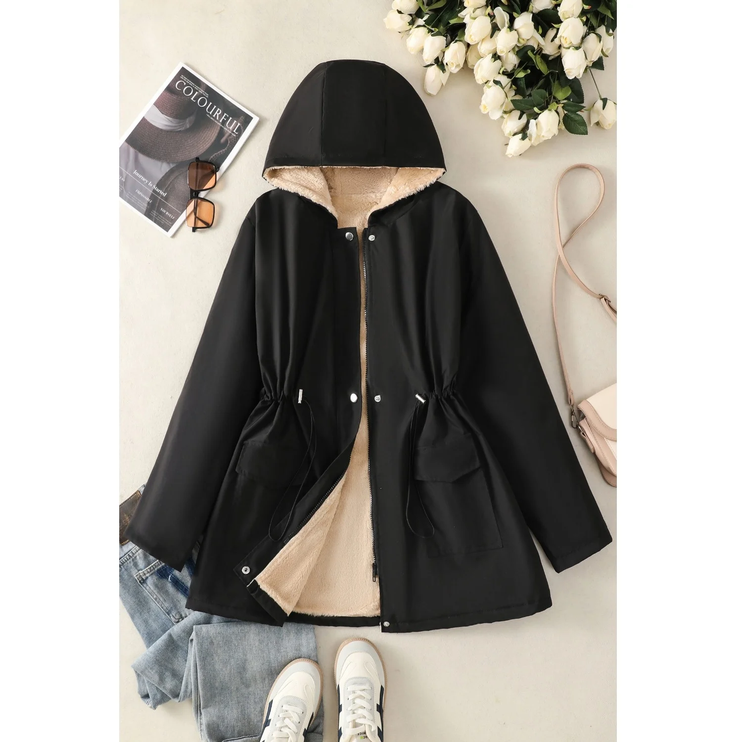 

Новое зимнее модное свободное женское хлопковое пальто с капюшоном, однотонное пальто средней длины для поездок на работу