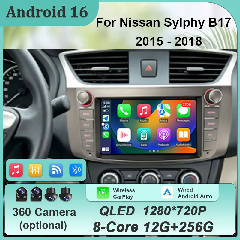 Android 16 WiFi DSP QLED IPS CarPlay Android Auto Bluetooth for Nissan Sylphy B17 2015-2018 GPS Navi Multimedia HD Touch Screen