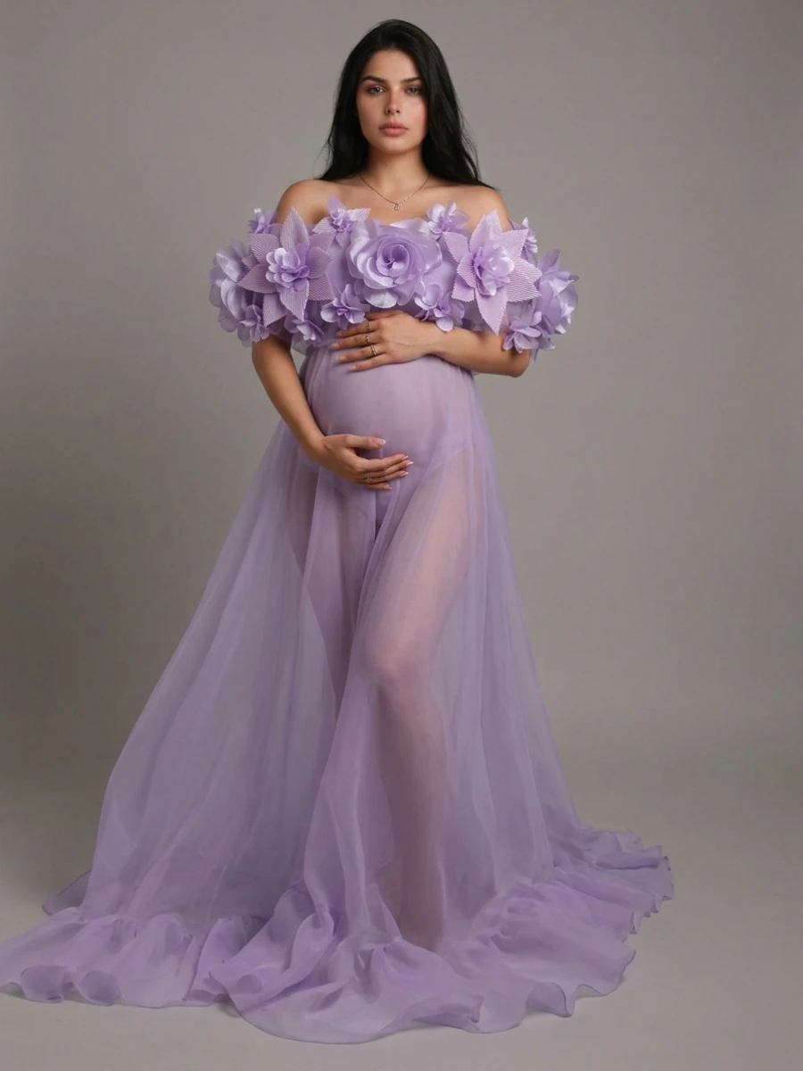 Purple Maternity Photography Dress 3D Floral Off Shoulder Sheer Organza Pregnancy Gown for Photo Shoot YD260905