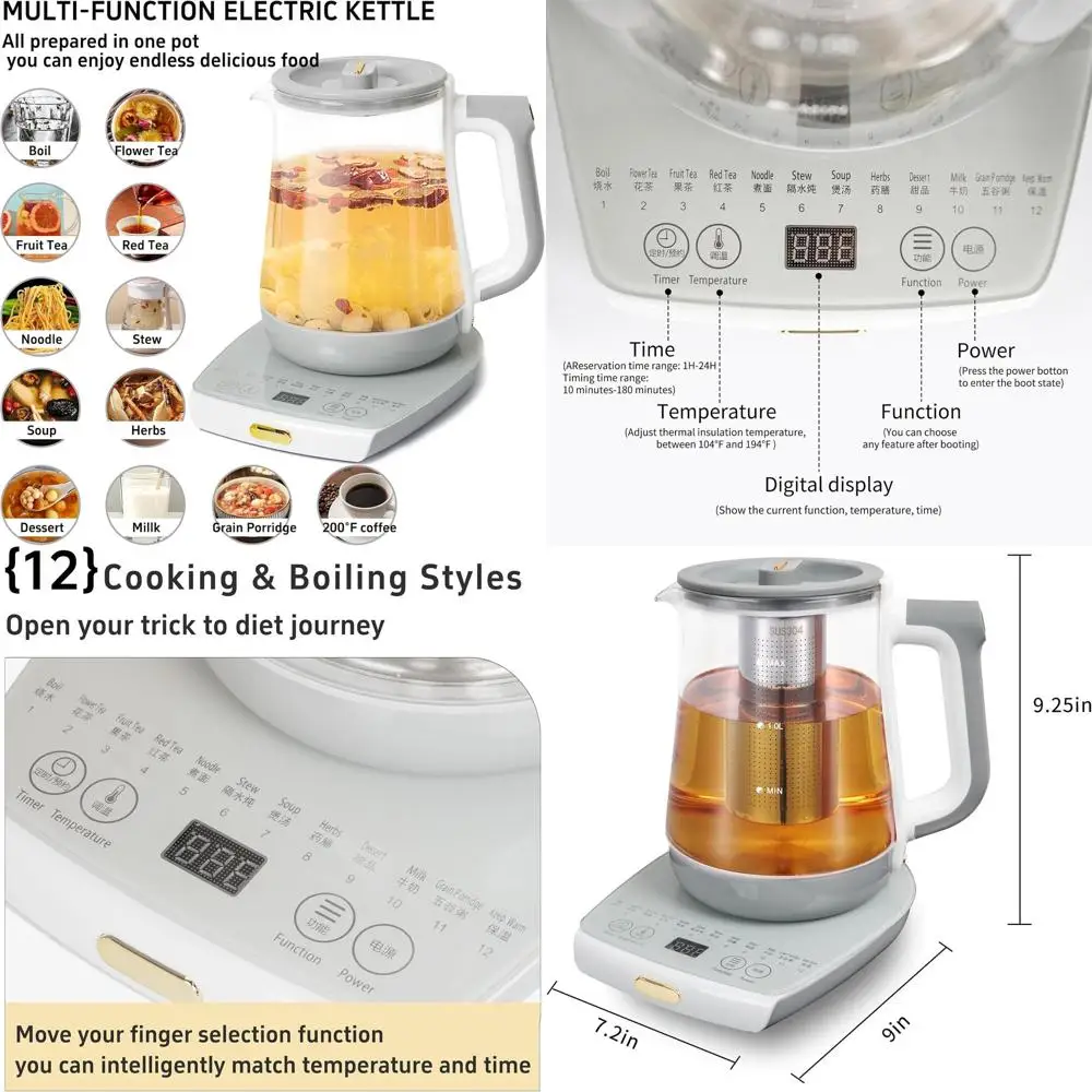 

Large 1.8L Glass Electric Kettle with Infuser, 12-Setting Temp Control for Tea, Coffee, and More, Grey