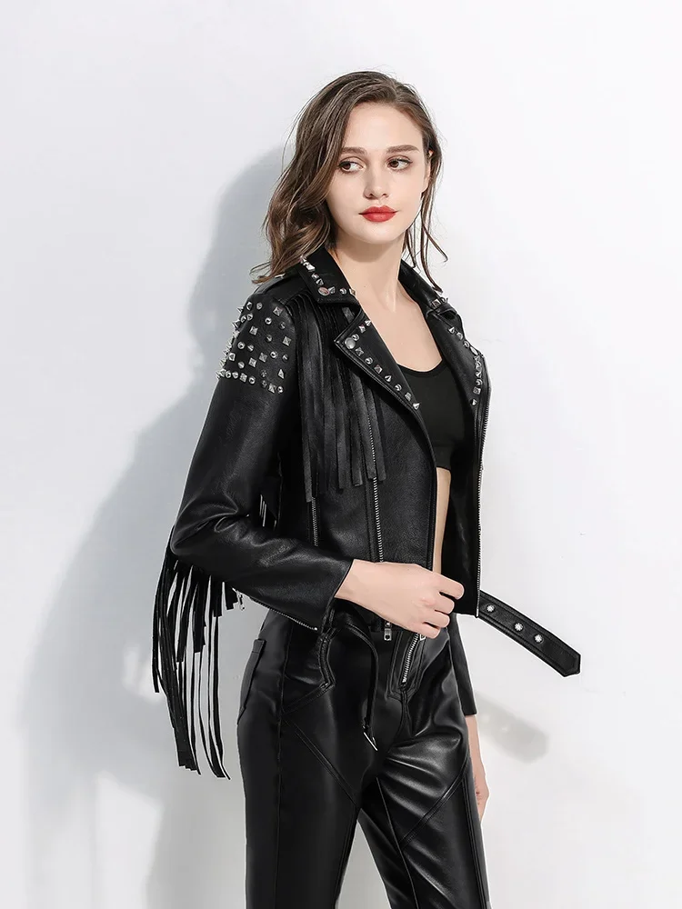 PU Leather Rivet Tassel Jacket Women Streetwear Slim Short Zipper Punk Grunge Leather Jackets Locomotive Coats Female Clothing