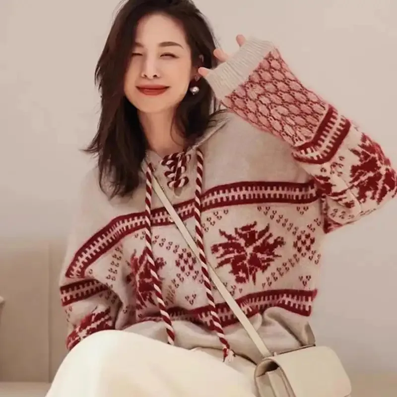 

Women's Clothes Fashion Jacquard Merry Christmas Sweater Autumn Winter Vintage Lace Up Loose Hooded Knitted Pullovers