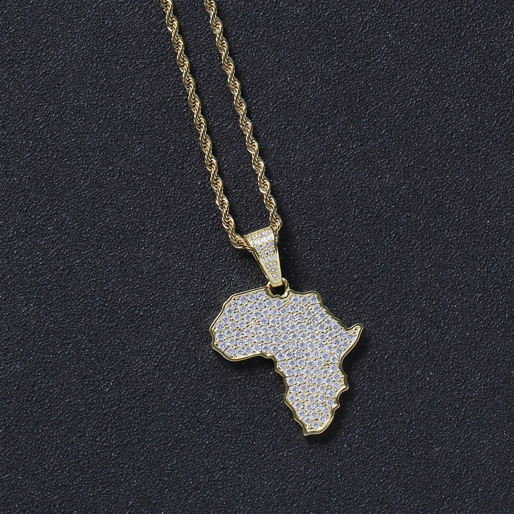 Hip Hop Goud Kleur Iced Out Afrikaanse Kaart Hanger Kettingen Vrouwen/mannen Trend Rock Ethiopische Sieraden