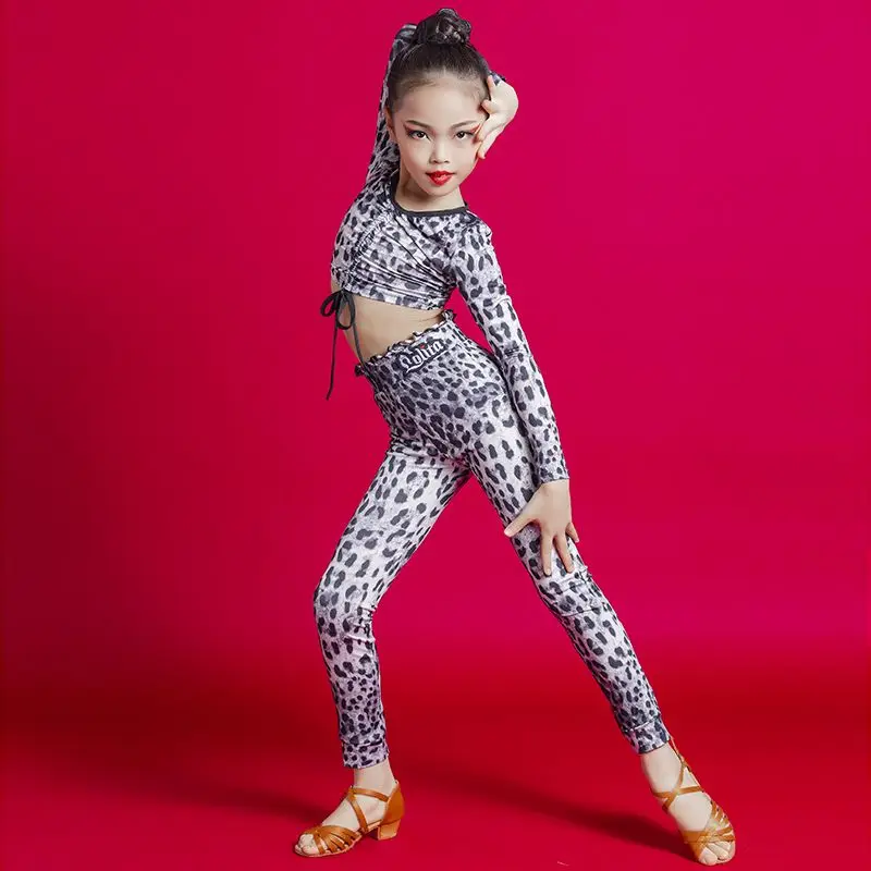 2023 New Latin Dance Suit Girls Long Sleeve Leopard Suit Tops Pants Children Cha Cha Samba Stage Performance Dance Clothes 170cm