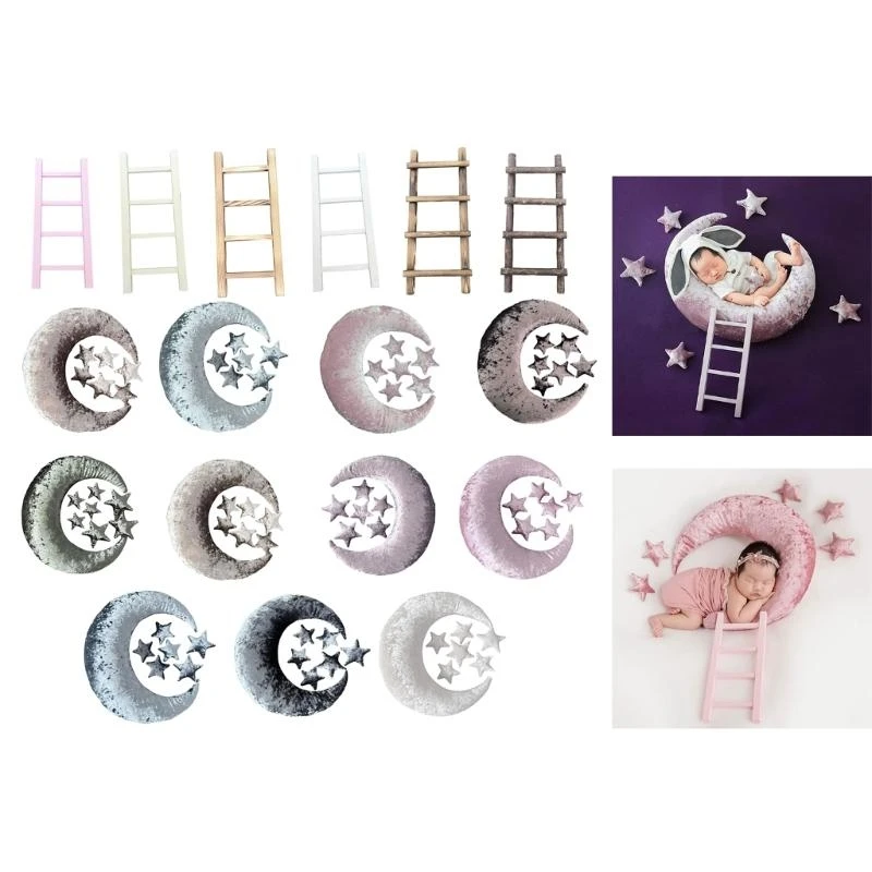 J15U مجموعة دعائم صور لحديثي الولادة على شكل سلم على شكل نجمة القمر لتزيين خلفية التقاط الصور للأطفال