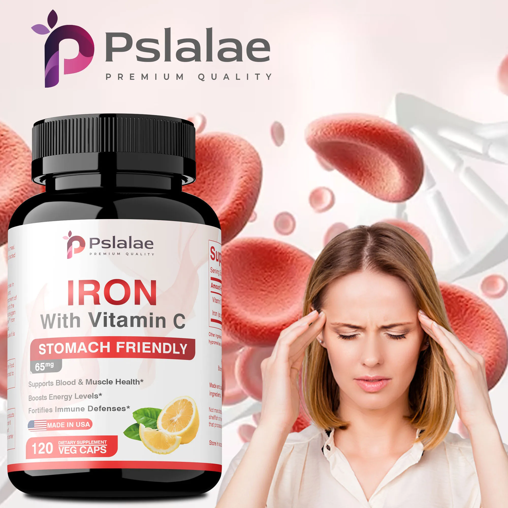 

Iron 65 Mg - Brain, Muscle and Immune Health, Supports Blood Cell Production and Promotes Heart - 120 Capsules