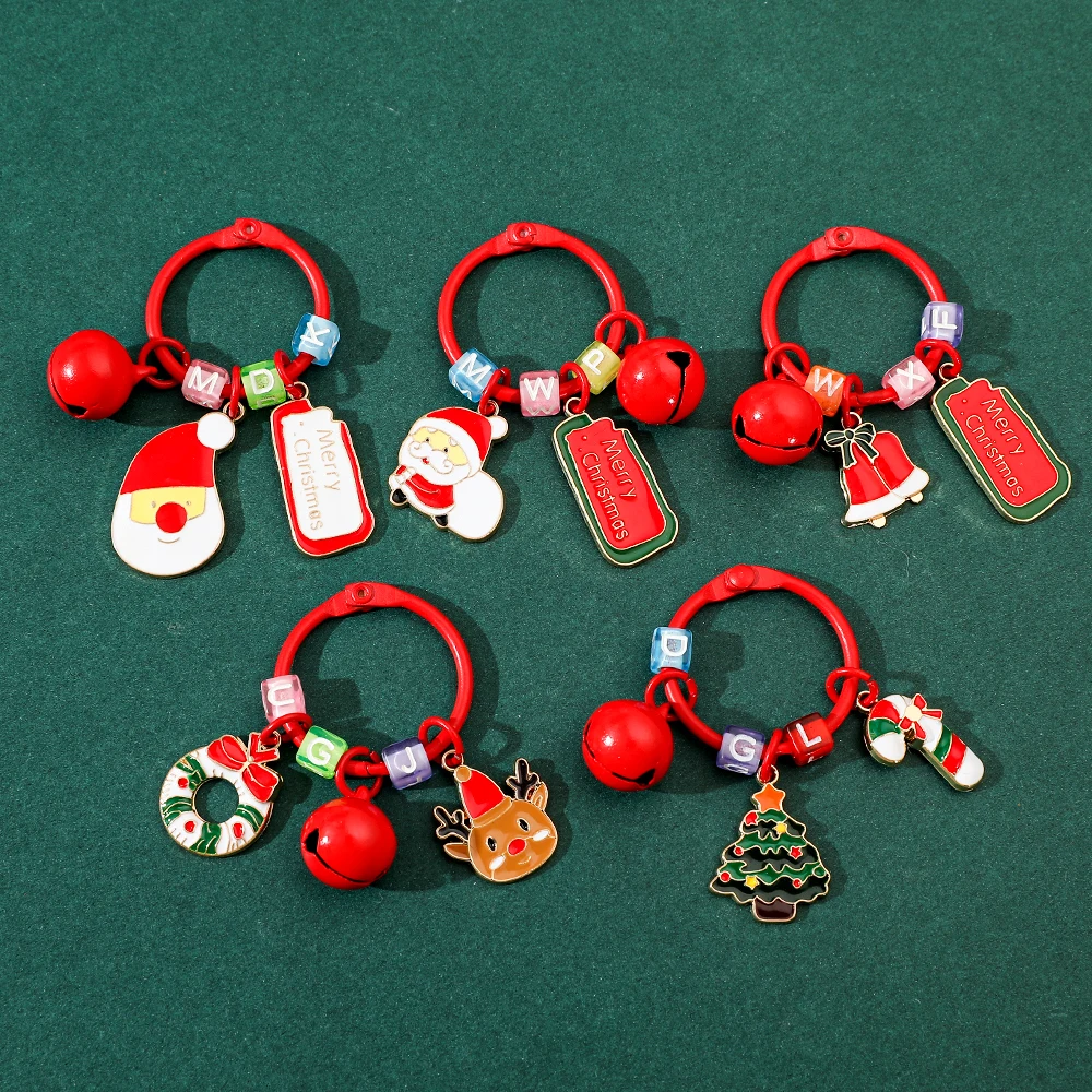 Cartoon Cute Reindeer Christmas Tree Keyrings Joyful Funny Small Bell Keychain For Friends Christmas Jewelry Gifts