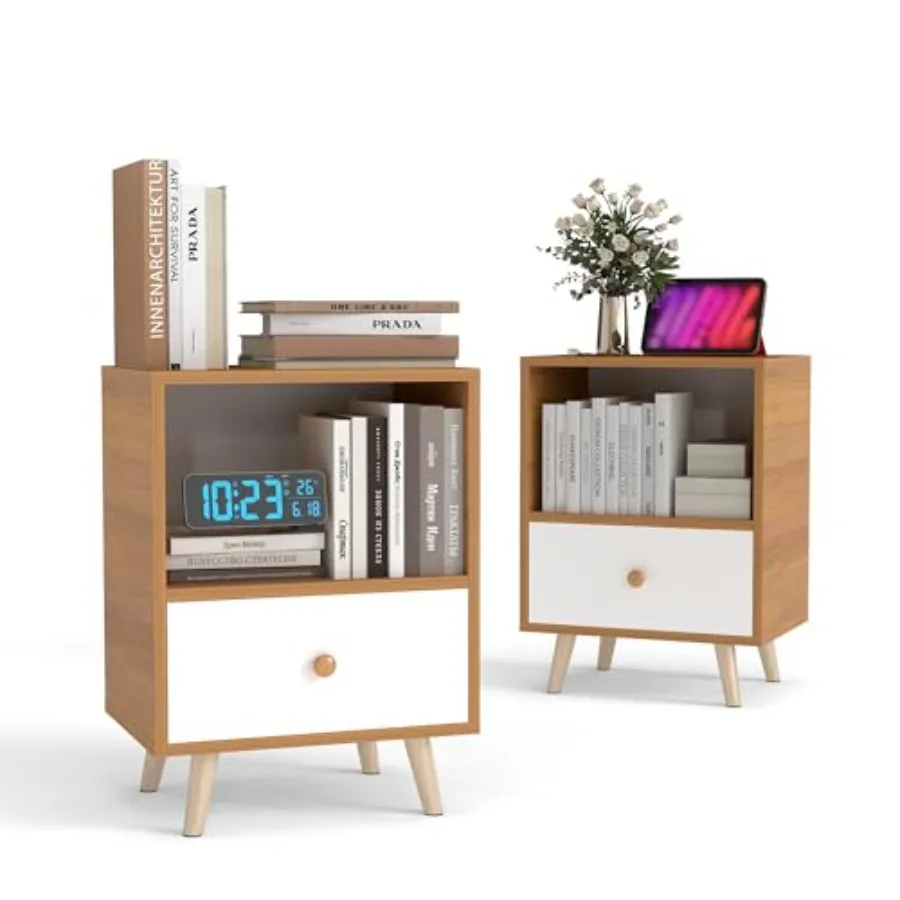 

Комплект из 2 современных деревянных прикроватных тумбочек с выдвижным ящиком, прикроватная мебель, тумба-столик с открытой полкой и из массива дерева