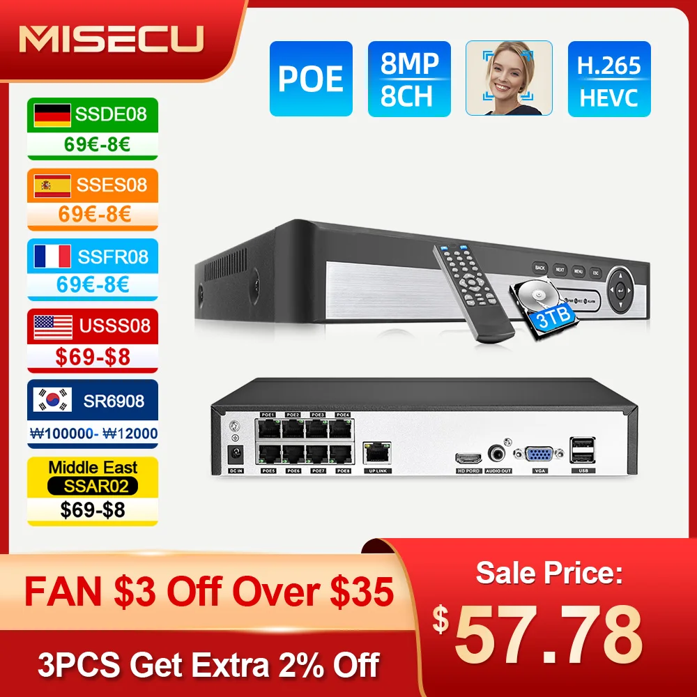MISECU 4K 8CH POE NVR 8MP Security Video Recorder IP Camera Face Detection Surveillance CCTV System For POE IP Camera