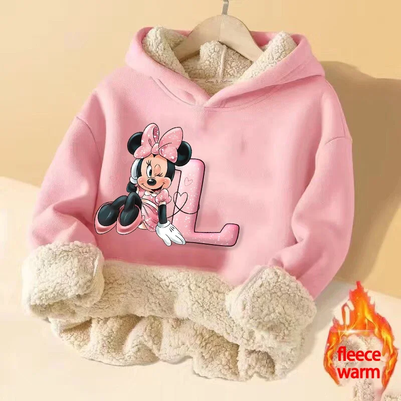 Minnie Mouse Girl Pullover Hoodies Letter A-Z Winter Thick Warm Street Clothing Hoodie Print Fitted Sweatshirt Long Sleeves Tops