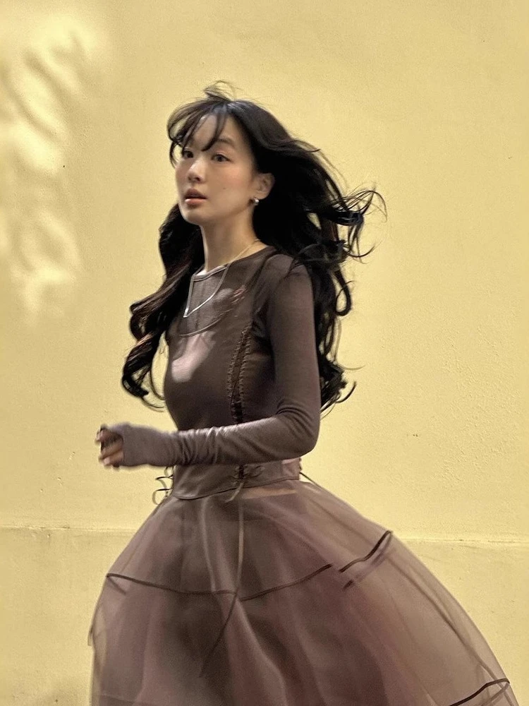 

Vintage Streetwear T Shirt Sheer Round Neck Blouse Slim Fit Fairy Grunge TopsY2k Aesthetic Harajuku T-shirt Women Layering Piece