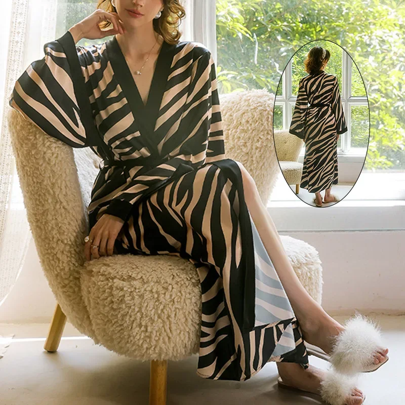 

French Imitation Silk Lace Long Light Luxury Home Wear French Retro Zebra Pattern Long-sleeved Nightgown for Women