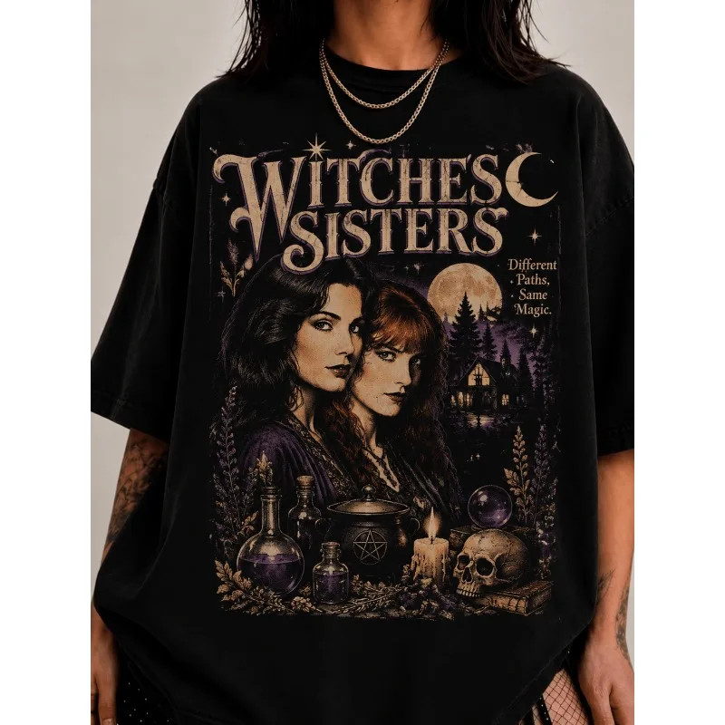 Vintage Witch Sisters Movie Poster T-shirt, Vintage Dark Fantasy Halloween Witch T-shirt Four Seasons New Unisex Casual T-shirt