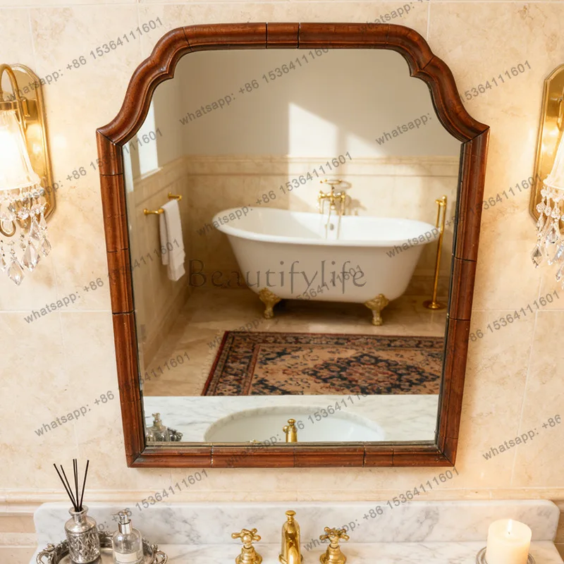 

American retro mirror dresser desktop bedroom wooden frame makeup mirror medieval wall hanging special-shaped