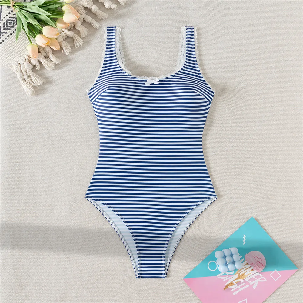 

Blue Striped Print Sexy Swimsuit Woman One Piece 2025 Swimwear Cute Bow Lace Edge Bathing Suit Tummy Control Beachwear Monokini