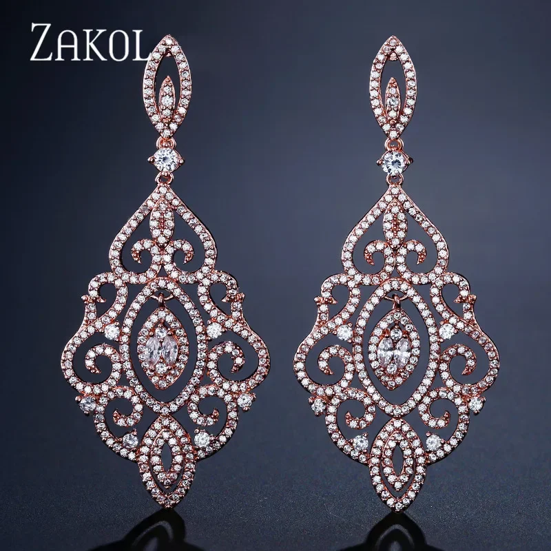 ZAKOL Luxury Leaf  Full Micro Paved Cubic Zirconia Big Drop Earrings Fashion Wedding Party Jewelry for Women FSEP2186