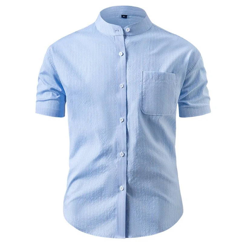 

Men's Summer Stand Collar Casual Shirt Breathable Slim Fit Cotton Striped Short Sleeve Business Daily Work Lightweight Shirt