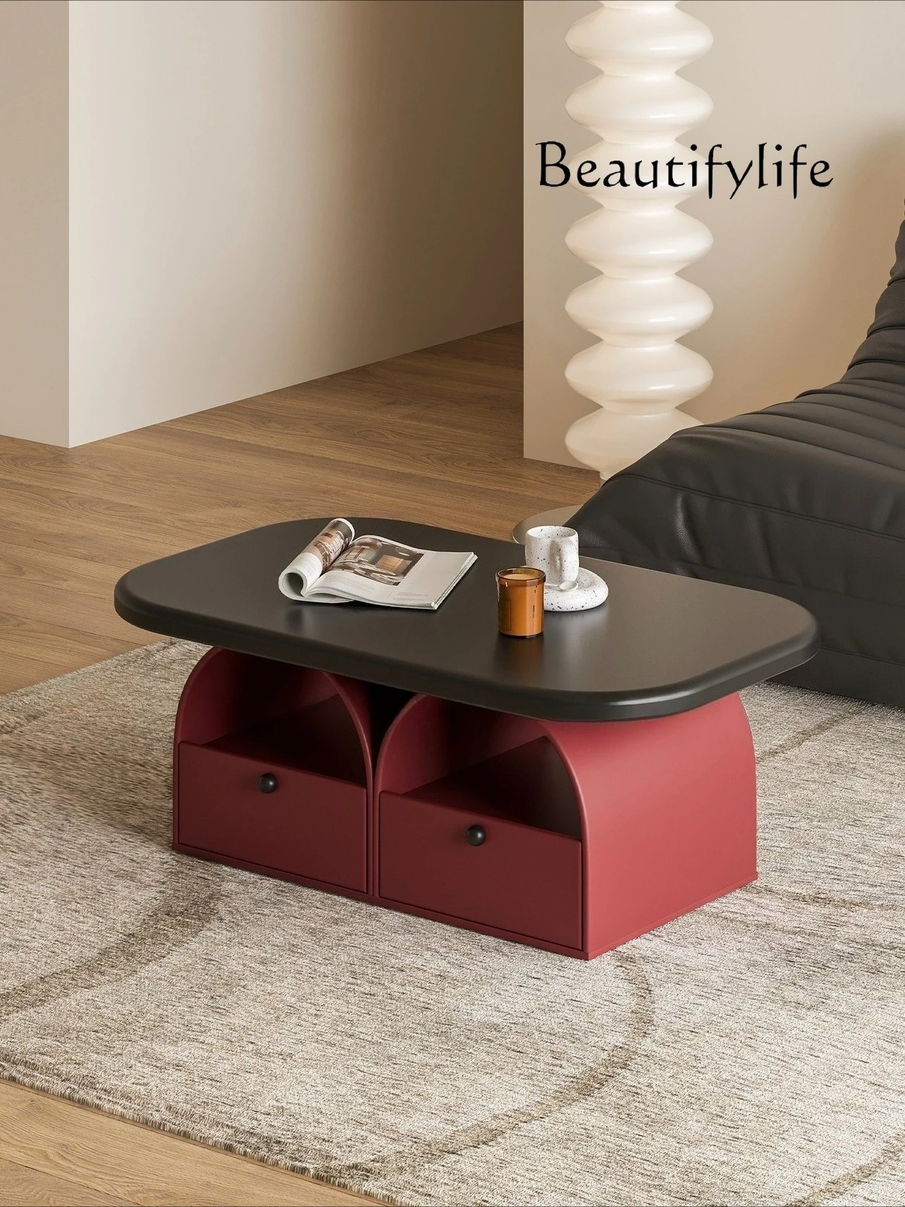 Cream wind light luxury round storage coffee table living room home modern French black and red creativity