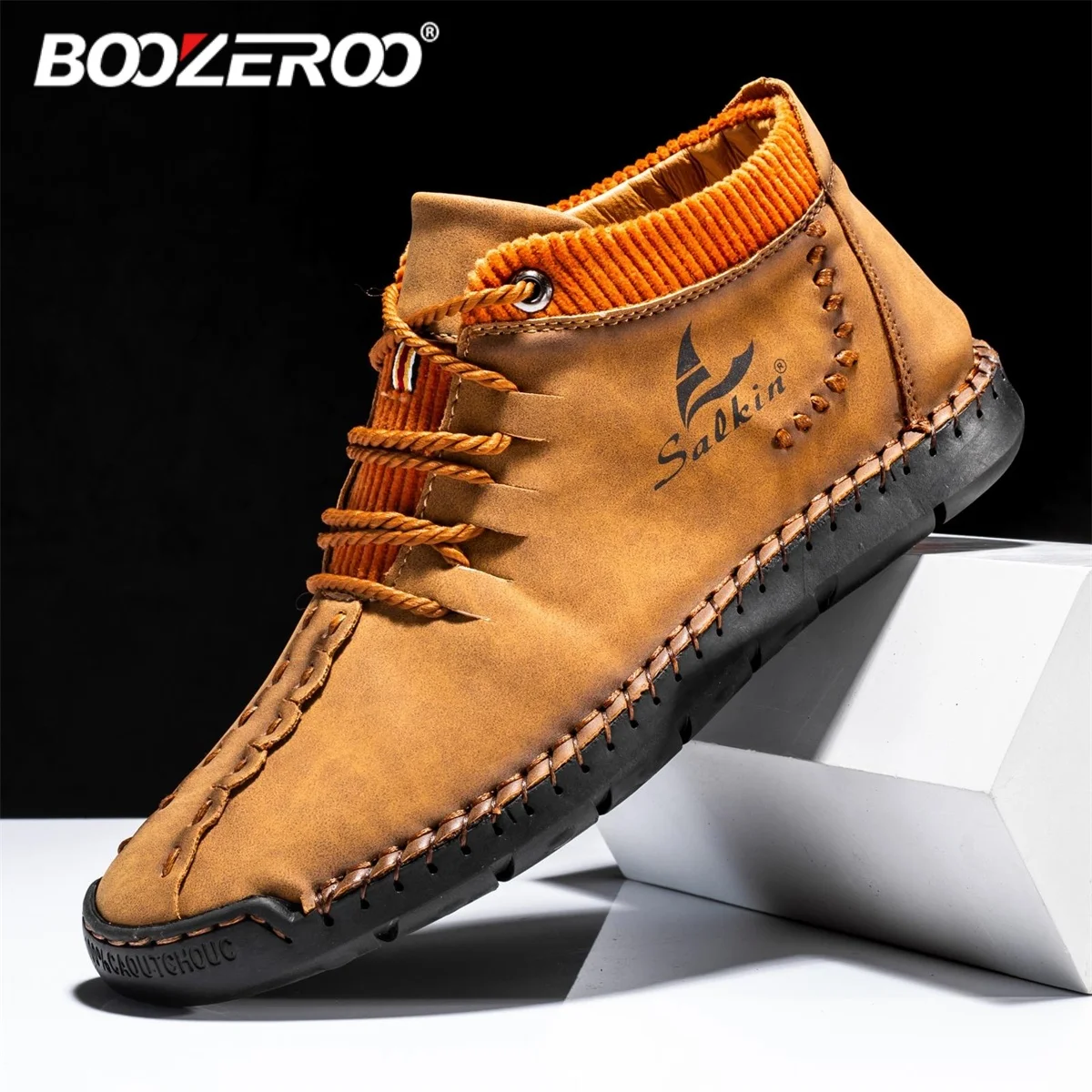 BOOZEROO Handmade Leather Casual Men's Shoes Outdoor Walking Sneaker Comfortable Driving Flats