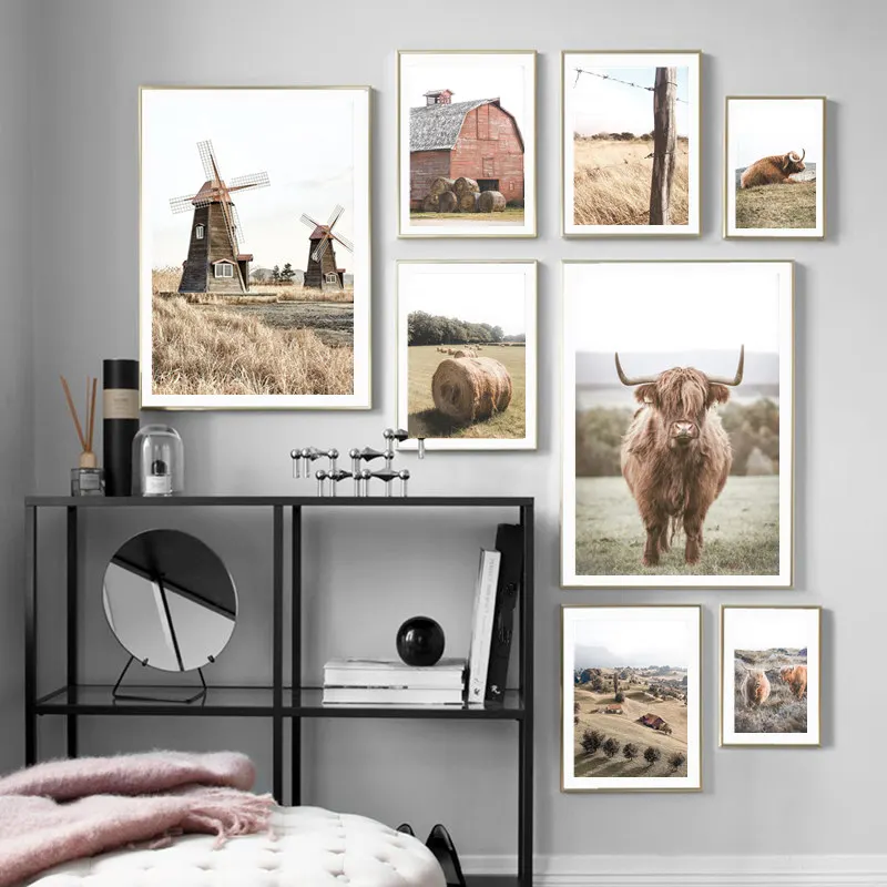 Landscape Farm Straw Bale Scandinavian Prints Cow Print Art Canvas Poster For Living Room Decor Home Wall Picture