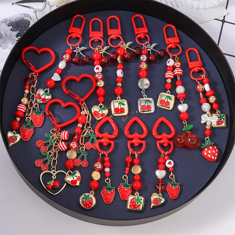 Modische handgefertigte Frucht-Schlüsselanhänger, rote Kirsche, Erdbeer-Anhänger, Schlüsselanhänger für Autoschlüssel, Damen- und Herrenhandtaschen, DIY-Geschenke – Detail 3
