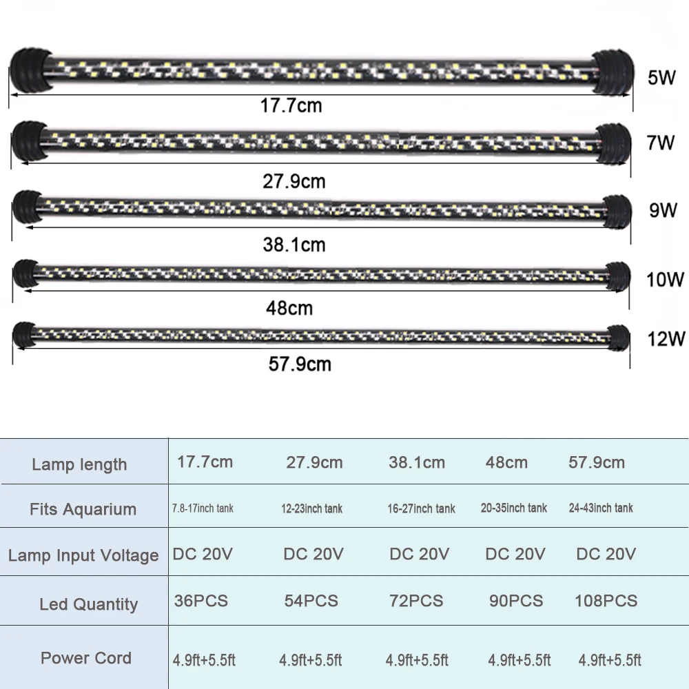 90-260V Aquarium LED IP68 Waterproof Lighting Light Full-Spectrum Fish Tank Plants Decor Light 17-58CM 5-12W 2835 Chips