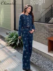 Cool Girl Retro Three-dimensional Bow Printing Long-sleeved Jackets Top Wide-leg Pants 2024 Autumn New Washed Womens Denim Suit