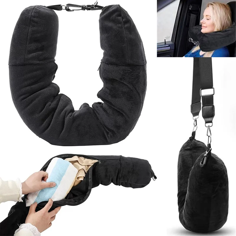 Portable Fillable Neck Pillow Travel U-Shaped Pillow with Storage Pouch Adjustable Straps Comfortable & Lightweight