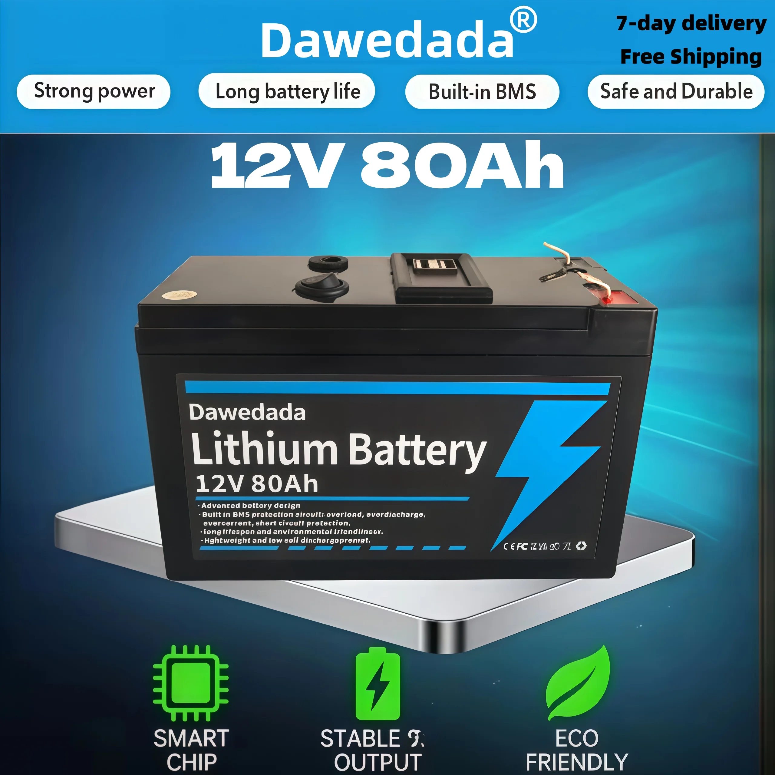 Batterie au lithium Dawedada 12V 80Ah, batterie‑ion‑lithium rechargeable avec BMS intégré et chargeur, pour camping‑car, énergie solaire, bateau, alimentation de secours